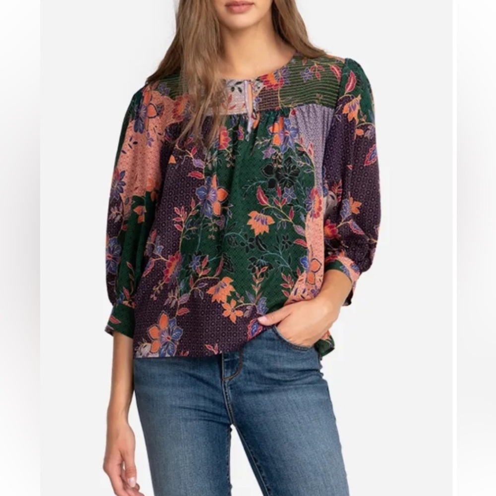 JOHNNY WAS‎ Jade Deneb Peasant Floral Blouse Silk Sz Small